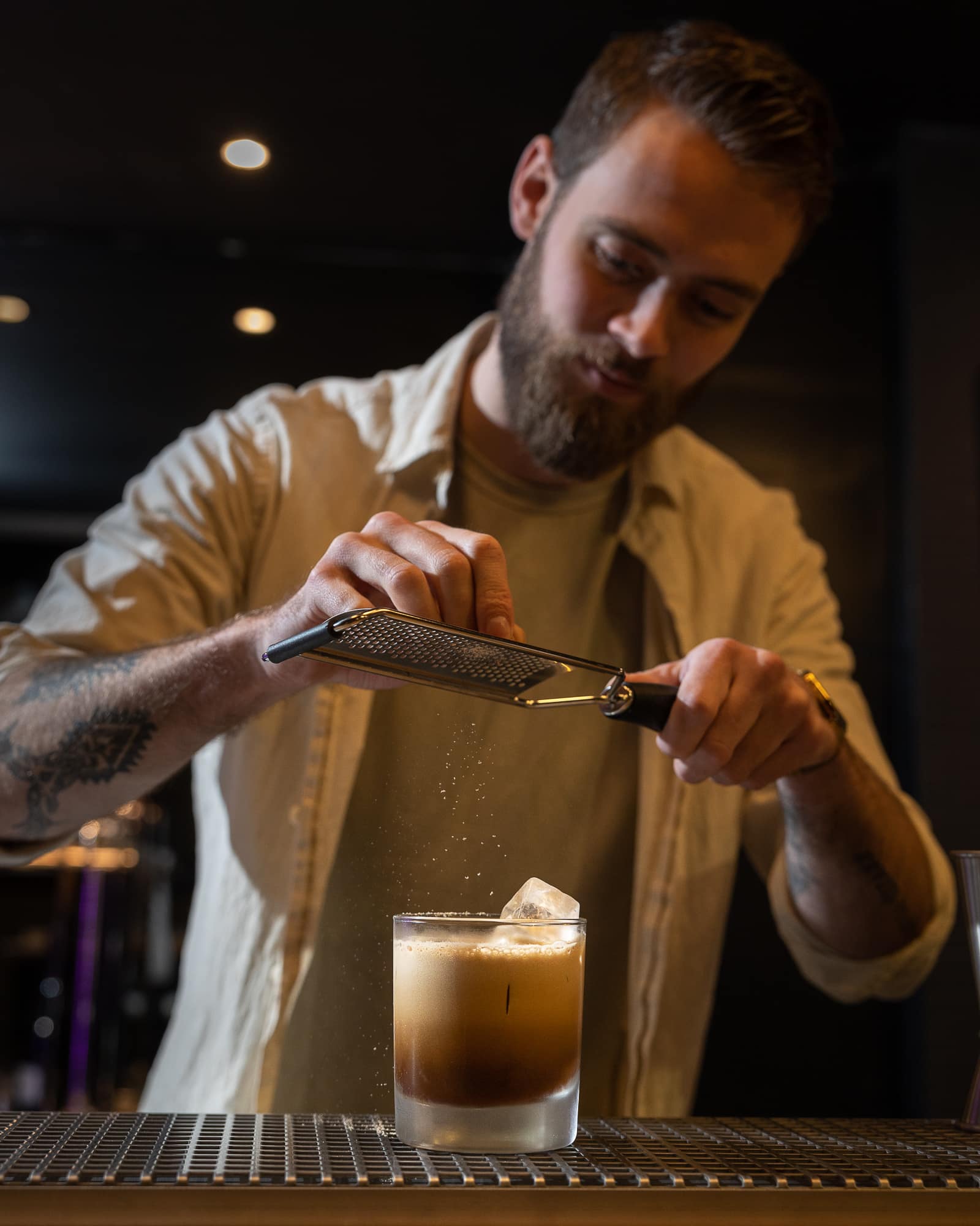 A close-up cocktail shot with dew on the glass