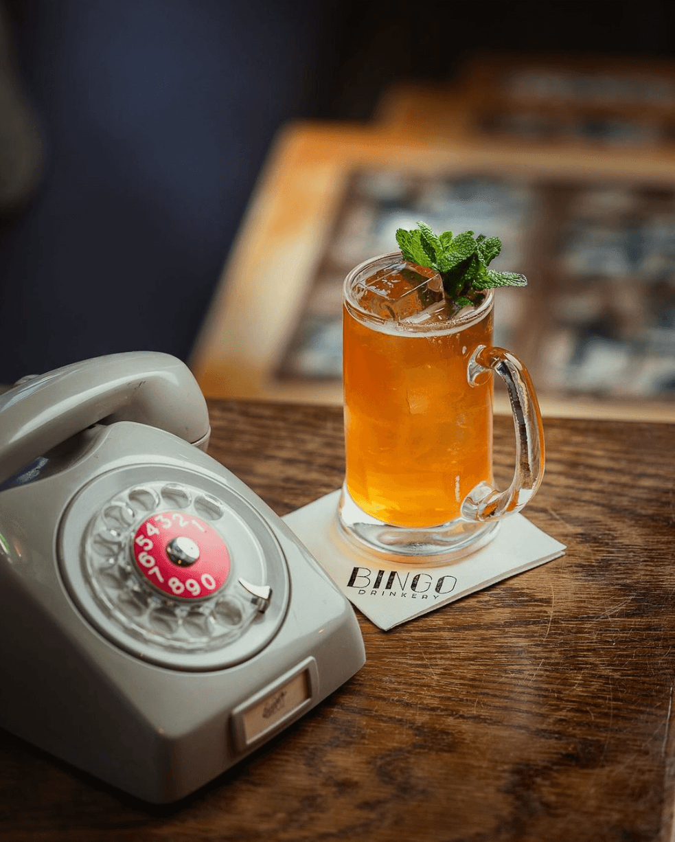A hotline-style cocktail in a stemmed glass